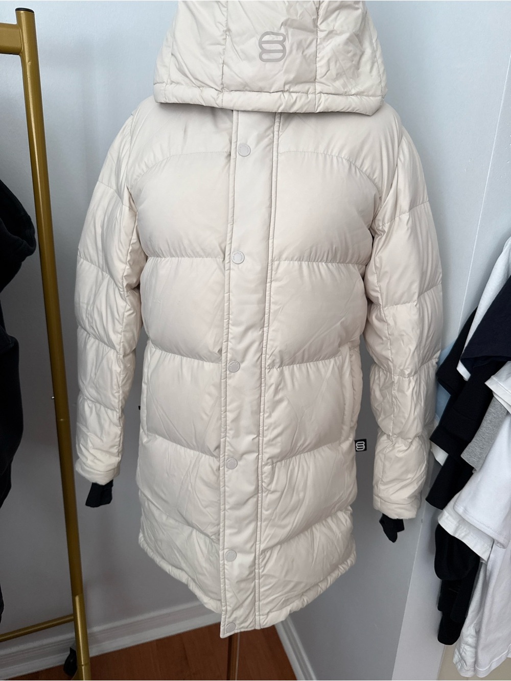 Aritzia Cream Long Puffer Coat with Hood